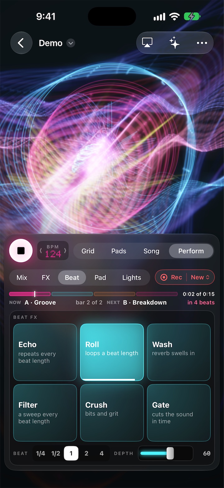 Perform's beat effects: Echo, Roll, Wash, Filter, Crush and Gate, with Roll on, and their length and depth