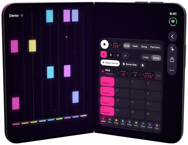 PolychromBox on iPhone Duo half open as a book: the lights on the left page, the console on the right