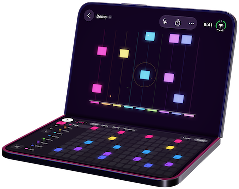 PolychromBox on iPhone Duo, half open like a laptop: the lights on the lid, the controls on the base