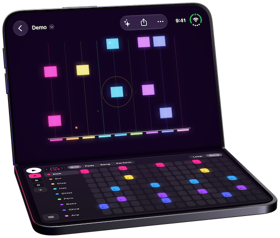 PolychromBox on iPhone Duo half open as a laptop: the lights on the lid, the grid on the base
