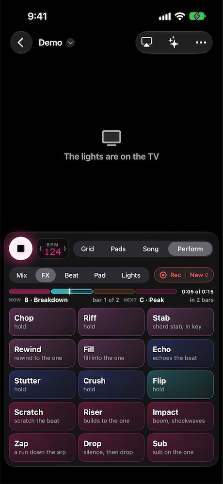 PolychromBox on a TV: the light show on the TV, the controls on the iPhone in front of it, the screen mirrored with AirPlay